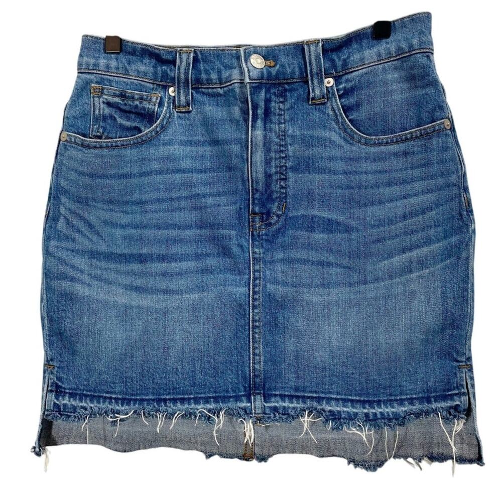 Madewell Step-Hem Jean Denim Skirt Brandt Wash Distressed Frayed Hem 29" Waist